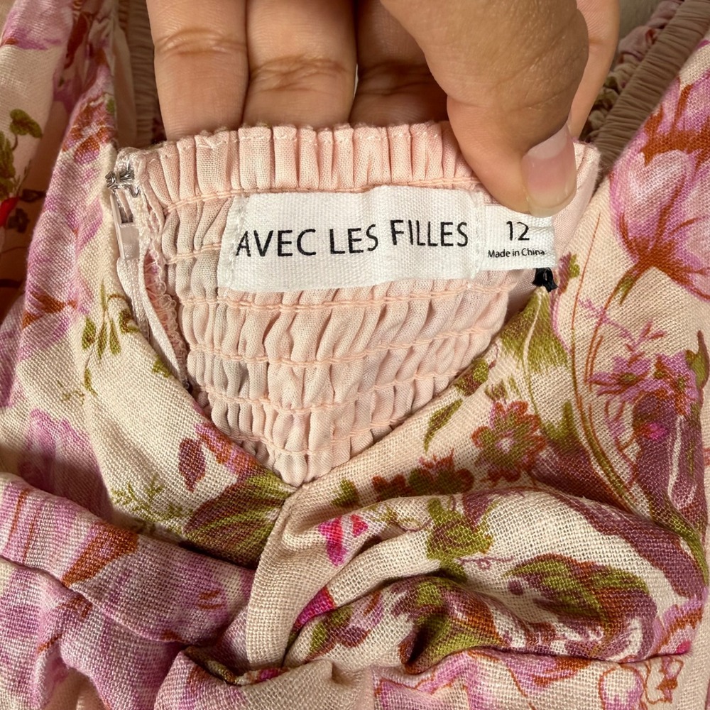 Avec Les Filles Pink Floral Linen Blend Puff Sleeve Midi Dress Size 12 - Picture 2 of 9